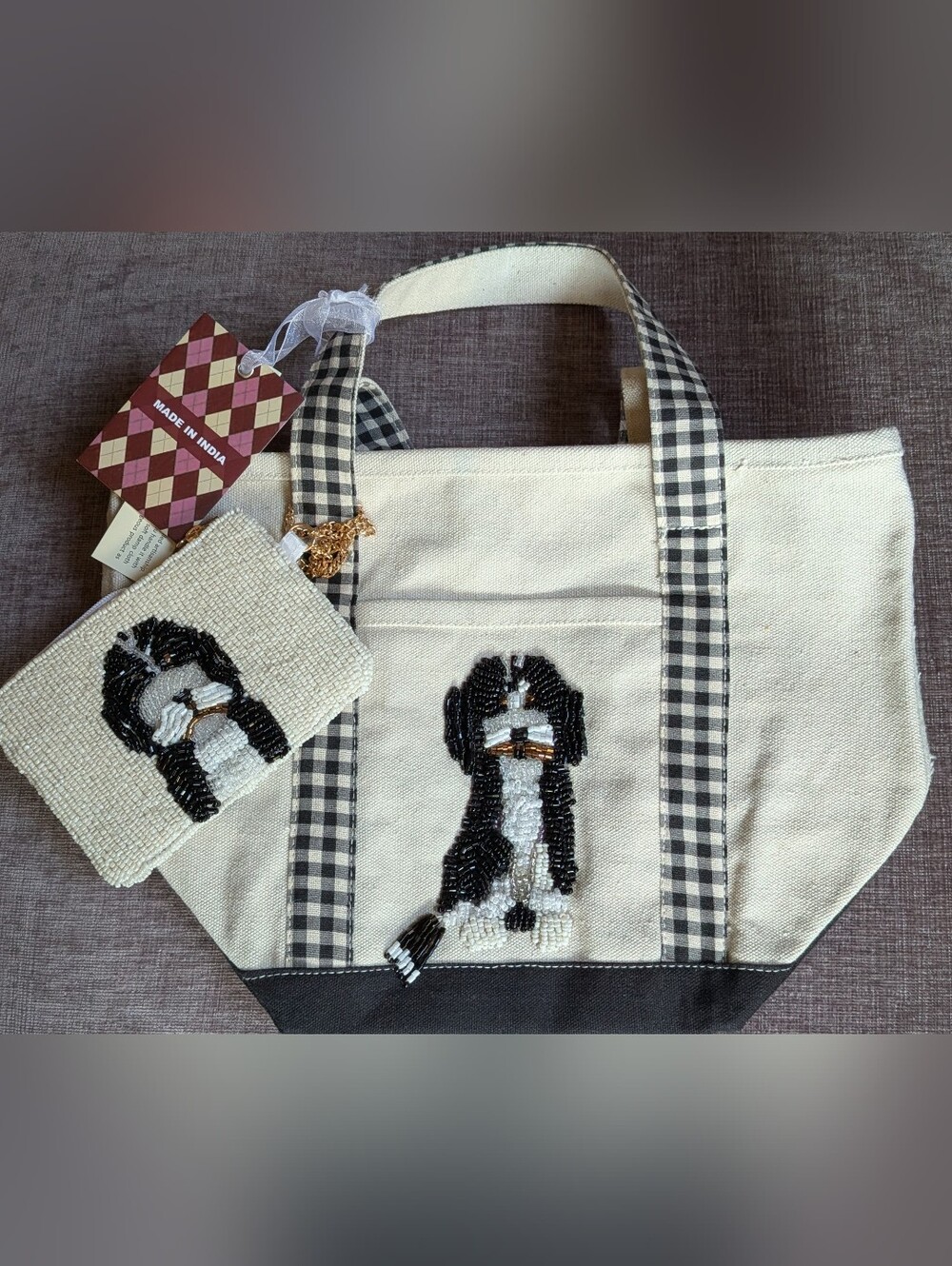 Beaded Canvas Bernedoodle Dog Mini Tote with Matching Coin Purse